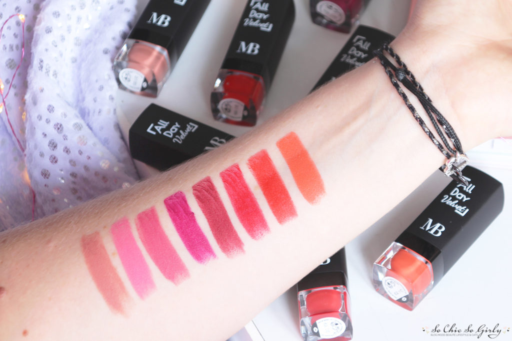swatch des teintes du rouge à lèvres All Day Velvet
